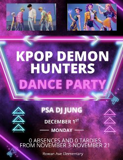 Kpop Demon Hunters Dance Party flyer in English