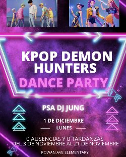 Kpop Demon Hunters Dance Party flyer in Spanish